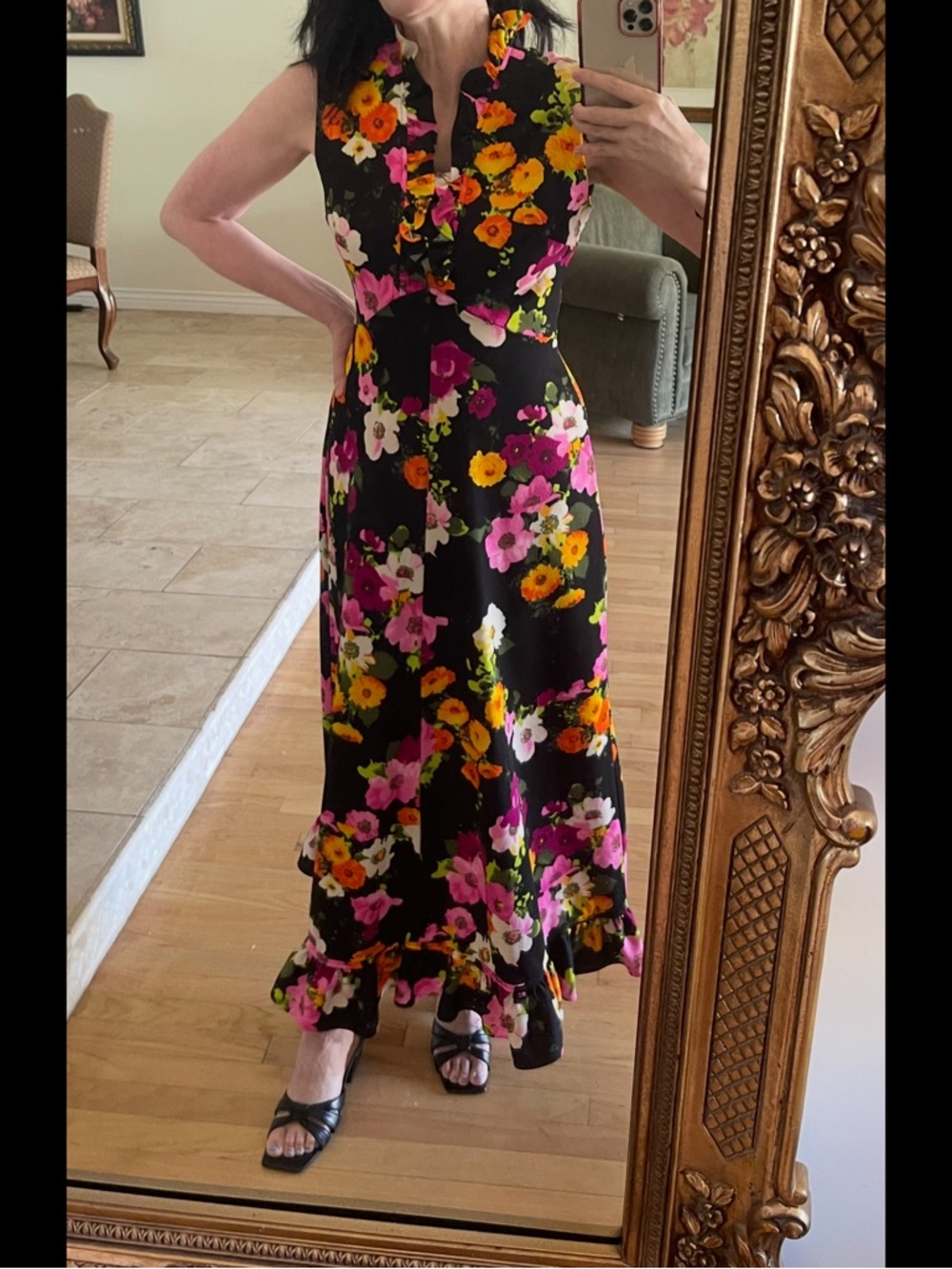 VINTAGE: IT’S BETTER 1970’s Luau Tiki Hawaiian Vivid Floral Maxi Dress Sz S / M